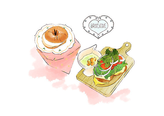 PSD 분홍색 토마토 일러스트 수채화 도마 따뜻함 샌드위치 사람없음 초록색 달콤 수프 메뉴 냅킨 브런치 베이글 크루통 크림치즈 국내일러스트 음식 빵 컬러 채소 주방용품 치즈 식사 맛 파일형식