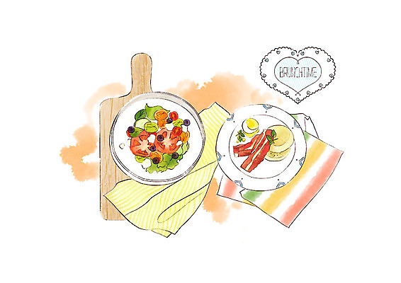 PSD 토마토 일러스트 수채화 따뜻함 사람없음 노란색 계란 주황색 샐러드 달콤 메뉴 냅킨 브런치 베이컨 국내일러스트 음식 컬러 채소 돼지고기 알 식사 맛 파일형식