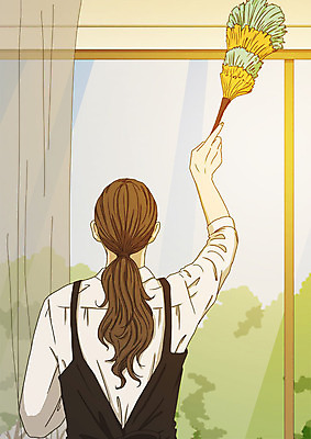 PSD 여자 일러스트 창문 집안 실내 한명 사람 상반신 성인 커튼 먼지떨이 청소 대청소 봄맞이 아트툰 성인여자한명만 국내일러스트 1 내부 봄 청소도구 그림 여자한명만 성인여자만 파일형식