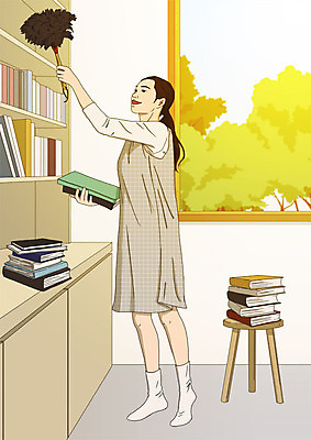 전신 PSD 나무 여자 의자 일러스트 창문 집안 책장 실내 한명 사람 성인 책 먼지떨이 청소 대청소 봄맞이 아트툰 성인여자한명만 국내일러스트 식물 1 가구 내부 봄 청소도구 그림 여자한명만 성인여자만 파일형식