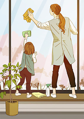 전신 PSD 여자 남자 화분 어린이 일러스트 창문 엄마 집안 실내 사람 성인 두명 앞치마 자녀 청소 걸레 닦기 걸레질 대청소 봄맞이 창문닦기 아트툰 국내일러스트 가족 모션 내부 봄 청소도구 그림 파일형식
