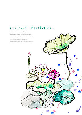 PSD 꽃 분홍색 일러스트 붓터치 수채화 연꽃 사람없음 초록색 여름 화려 두송이 동양화 연잎 꽃봉오리 번짐 한국화 단아함 국내일러스트 식물 계절 컬러 컨셉 잎 2 미술 파일형식 효과