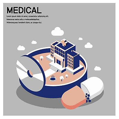 나무 구름 일러스트 의학 병원 사람없음 건물 알약 약 분수 분수대 심플 아이소메트릭 반사경 국내일러스트 AI파일 자연요소 식물 건축물 파일형식 벡터