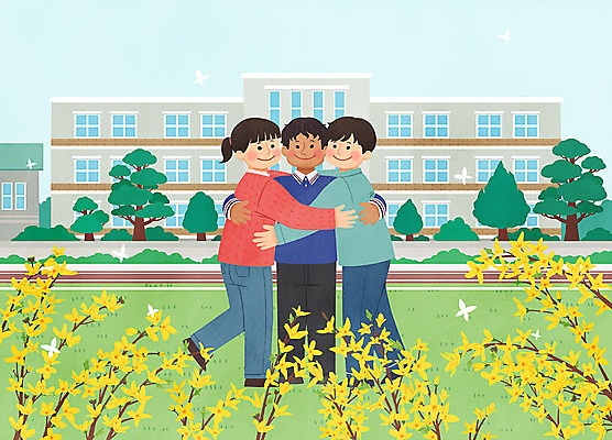 전신 PSD 학생 여자 남자 행복 어린이 캠페인 일러스트 학교 안기 포옹 초등학교 사랑 사람 여러명 친구 봄 개나리 즐거움 신학기 다문화 다문화가정 평등 국내일러스트 계절 교육 꽃 감정 다수 컨셉 관계 모션 사회이슈 파일형식