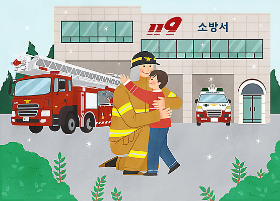 전신 PSD 직업 남자 어린이 캠페인 일러스트 포옹 사랑 사람 성인 두명 보호 구급차 소방관 감사 소방차 119 소방서 책임감 존경 국내일러스트 감정 컨셉 안기 자동차 구조원 소방 전화번호 파일형식