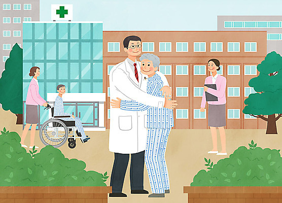 전신 PSD 여자 노년 남자 할머니 캠페인 일러스트 의학 포옹 병원 사랑 사람 여러명 성인 믿음 진료 환자 간호사 의사 휠체어 요양원 책임감 존경 국내일러스트 감정 다수 컨셉 안기 의료진 파일형식