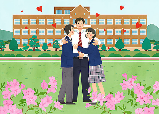전신 PSD 학생 여자 남자 꽃 교복 캠페인 일러스트 학교 포옹 청소년 고등학교 사랑 사람 성인 세명 교사 하트 진달래 스승의날 감사 중학교 배려 존경 국내일러스트 모양 식물 직업 옷 교육 기념일 감정 안기 파일형식