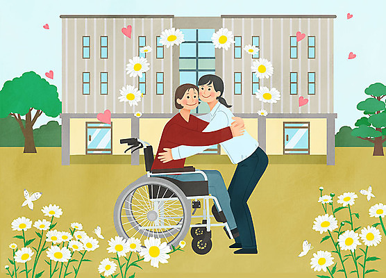 전신 PSD 여자 캠페인 일러스트 포옹 사랑 사람 성인 두명 도움 센터 장애인 휠체어 들국화 배려 비장애인 평등 국내일러스트 꽃 감정 컨셉 안기 장애 파일형식