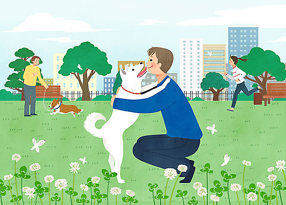전신 PSD 공원 여자 남자 꽃 반려견 캠페인 두마리 벤치 일러스트 안기 포옹 사랑 사람 빌딩 잔디 성인 세명 반려동물 달리기 조깅 산책 강아지 공존 반려 의무 책임감 펫팸족 국내일러스트 식물 동물 공공시설 감정 컨셉 2 의자 모션 휴식 건물 운동 개 신조어 파일형식