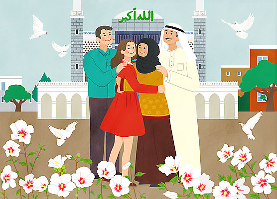 전신 PSD 여자 남자 캠페인 일러스트 안기 포옹 사랑 사람 여러명 성인 글로벌 평화 한국인 이슬람교 비둘기 모스크 무궁화 공존 배려 중동인 국내일러스트 외국인 꽃 감정 종교 다수 컨셉 모션 조류 동양인 파일형식