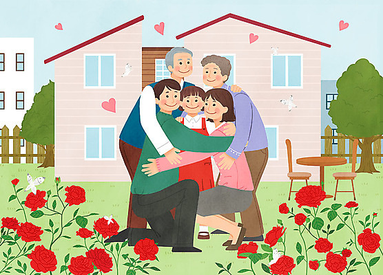 전신 PSD 여자 할아버지 노년 남자 행복 할머니 어린이 캠페인 일러스트 가족 안기 포옹 엄마 대가족 주택 사랑 사람 여러명 성인 장미 화목 자녀 아빠 국내일러스트 꽃 감정 다수 컨셉 관계 모션 건물 파일형식