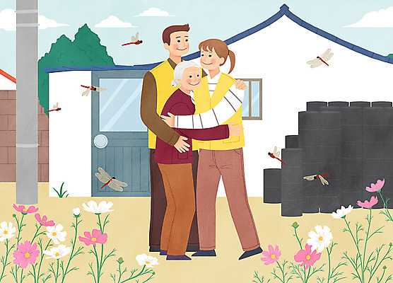 전신 PSD 여자 노년 남자 행복 할머니 캠페인 일러스트 안기 포옹 주택 따뜻함 사랑 사람 성인 세명 봉사 도움 고독 자원봉사자 잠자리 코스모스 연탄 독거노인 국내일러스트 꽃 감정 곤충 컨셉 모션 건물 파일형식