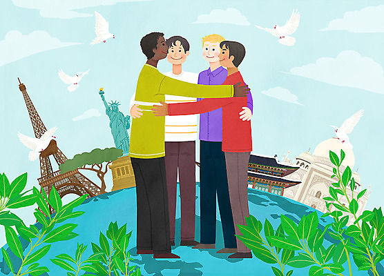 전신 PSD 서양인 외국인 남자 행복 지구 캠페인 흑인 일러스트 안기 포옹 나뭇잎 사랑 사람 동양인 여러명 성인 세계 평화 기쁨 에펠탑 비둘기 경복궁 자유의여신상 타지마할 평등 국내일러스트 감정 다수 컨셉 잎 모션 조류 한국 인종 미국 궁전 세계문화유산 인도 파리 랜드마크 파일형식