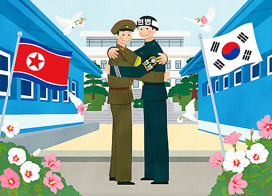 전신 PSD 남자 캠페인 일러스트 포옹 한국 사랑 사람 성인 두명 평화 기쁨 군인 태극기 비둘기 무궁화 한반도 국기게양 북한 북한국기 통일 판문점 국내일러스트 직업 꽃 감정 아시아 컨셉 안기 조류 국기 국군 파주 파일형식