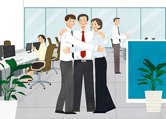 전신 PSD 여자 남자 행복 화분 캠페인 중년 일러스트 회사 비즈니스 관계 포옹 직장 사랑 사람 여러명 성인 사무실 직장인 비즈니스맨 비즈니스우먼 상사 동료 국내일러스트 직업 감정 다수 안기 파일형식