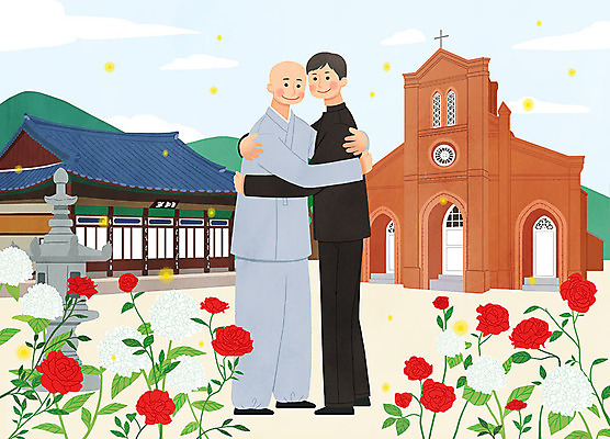 전신 PSD 남자 종교 캠페인 중년 불교 일러스트 안기 포옹 사랑 사람 성인 두명 장미 성당 교회 평화 천주교 성직자 승려 목사 공존 배려 스님모자 신부님 국내일러스트 모자_잡화 꽃 감정 컨셉 종교건축 모션 건물 파일형식