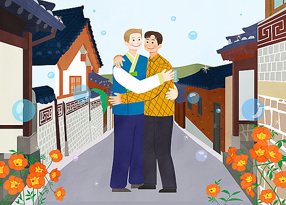 전신 PSD 서양인 외국인 남자 꽃 캠페인 여행 일러스트 안기 포옹 친절 한옥 사랑 사람 동양인 성인 두명 여행객 한국인 한복 배려 북촌 국내일러스트 식물 한국전통 감정 고건축 모션 서울 인종 전통의상 파일형식