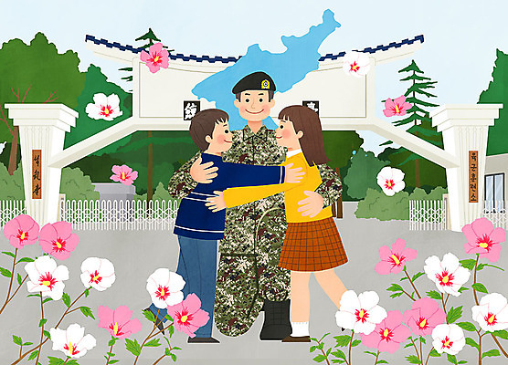 전신 PSD 여자 남자 어린이 캠페인 일러스트 안기 포옹 군대 사랑 사람 성인 세명 평화 군인 군복 감사 무궁화 한반도 존경 국내일러스트 직업 꽃 감정 컨셉 유니폼 모션 국군 파일형식