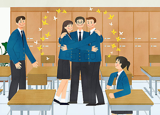전신 PSD 학생 여학생 여자 남자 꽃 행복 교복 남학생 캠페인 일러스트 교실 학교 안기 포옹 청소년 사랑 사람 여러명 친구 우정 개나리 사물함 책상 국내일러스트 식물 옷 교육 감정 가구 다수 관계 모션 파일형식