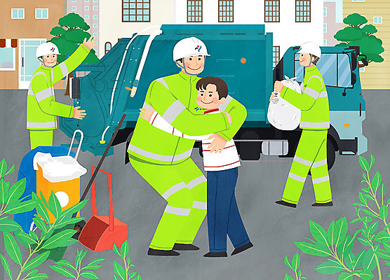 전신 PSD 직업 남자 어린이 캠페인 일러스트 포옹 거리 사랑 사람 여러명 성인 빗자루 청소 감사 쓰레기봉투 쓰레기차 청소차 환경미화원 존경 국내일러스트 감정 다수 안기 자동차 봉투 청소도구 특수차량 파일형식