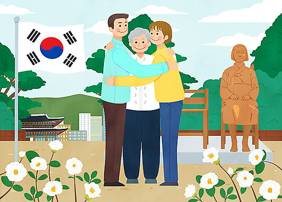전신 PSD 여자 노년 남자 할머니 캠페인 일러스트 안기 포옹 한국 사랑 사람 성인 세명 평화 한국인 감사 동백 소녀상 존경 국내일러스트 꽃 감정 아시아 컨셉 모션 동양인 파일형식