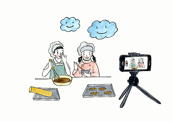 PSD 여자 남자 어린이 일러스트 수채화 요리사모자 요리 사람 상반신 두명 스마트폰 촬영 반죽 방송 제빵 밀대 어린이만 인터넷방송 크리에이터 1인미디어 국내일러스트 직업 모자_잡화 주방용품 핸드폰 스마트기기 제과제빵 요리사 파일형식