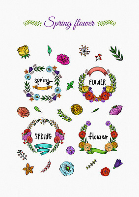 PSD 꽃잎 꽃 리본 잎 꽃백그라운드 일러스트 봄꽃 나뭇잎 수채화 프레임 사람없음 세트 라벨 봄 다양 엘리먼트 국내일러스트 식물 계절 다수 백그라운드 파일형식