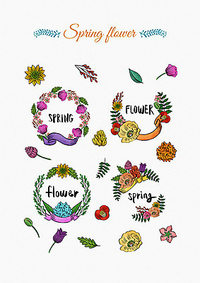 PSD 꽃 리본 잎 꽃백그라운드 일러스트 봄꽃 나뭇잎 수채화 프레임 사람없음 세트 라벨 봄 다양 엘리먼트 국내일러스트 식물 계절 다수 백그라운드 파일형식