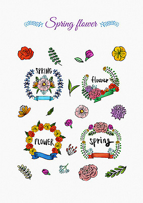 PSD 꽃잎 꽃 리본 잎 꽃백그라운드 일러스트 봄꽃 나뭇잎 수채화 프레임 사람없음 세트 라벨 봄 다양 엘리먼트 국내일러스트 식물 계절 다수 백그라운드 파일형식