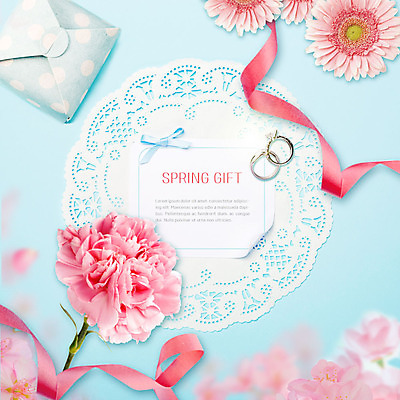 PSD 편집이미지 꽃 리본 분홍색 여러송이 따뜻함 선물 사람없음 파란색 선물상자 귀여움 봄 반지 보석 청첩장 초대장 커플반지 산뜻 싱그러움 카피스페이스 이미지편집 카드프레임 식물 계절 컬러 다수 컨셉 장신구 카드_감사 프레임 상자 공백 광석 파일형식