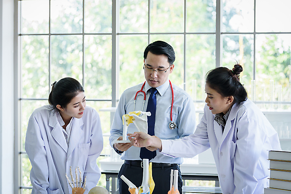 포토 JPG 해외이미지 학생 여자 교육 남자 신체 실험 들기 사람 동양인 성인 세명 교수 가리킴 가르침 실험실 과학자 대학교 뼈모형 해외포토 직업 과학 학교 모션 인종 손짓 모형 교사 학자 파일형식 이미지허브