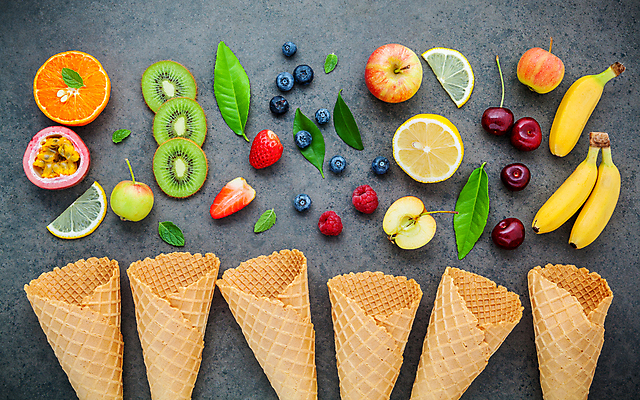 포토 JPG 해외이미지 잎 오렌지 바나나 키위 사람없음 체리 사과 레몬 블루베리 산딸기 아이스크림콘 패션후르츠 해외포토 식물 과일 열대과일 콘 파일형식 이미지허브