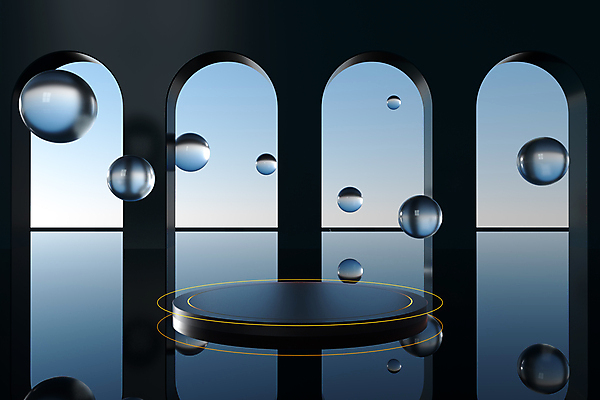 포토 JPG 해외이미지 백그라운드 사람없음 반사 3D 검은색 공간 물방울 원형 분위기 아치 단상 포디움 해외포토 도형 컬러 컨셉 무대 디지털합성 파일형식 이미지허브