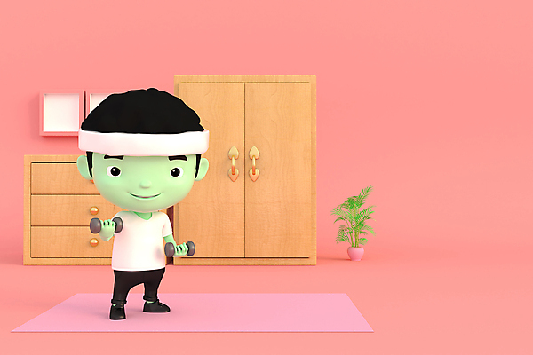 JPG 해외이미지 전신 남자 화분 어린이 일러스트 3D캐릭터 한명 서기 들기 소년 운동 3D 아령 매트 머리띠 장롱 소년한명만 홈트레이닝 코랄 해외일러스트 캐릭터 1 컬러 가구 장신구 모션 건강 사람 디지털합성 남자한명만 소년만 파일형식 이미지허브