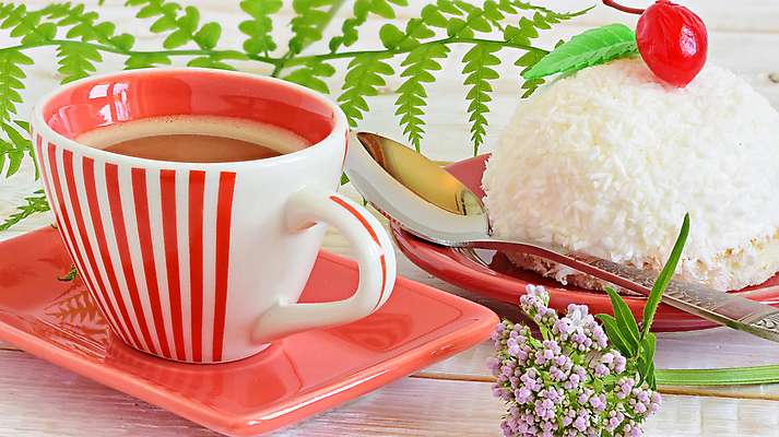 포토 JPG 해외이미지 열매 꽃 커피 티타임 사람없음 케이크 달콤 커피잔 티스푼 코코넛 해외포토 식물 음료 과일 휴식 디저트 잔 숟가락 맛 파일형식 이미지허브