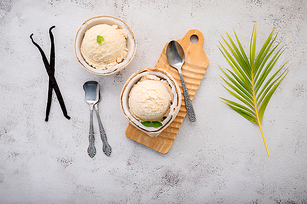 포토 JPG 해외이미지 그릇 백그라운드 잎 아이스크림 도마 사람없음 숟가락 달콤 시원함 질감 코코넛 바닐라 해외포토 식물 식기 과일 주방용품 디저트 수저 맛 파일형식 이미지허브