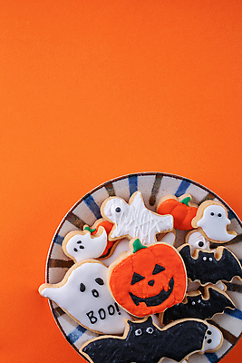 포토 JPG 해외이미지 접시 디저트 사람없음 하이앵글 쿠키 할로윈 달콤 유령 박쥐 카피스페이스 주황색배경 해외포토 식기 음식 뷰포인트 백그라운드 포유류 주황색 공백 맛 파일형식 이미지허브