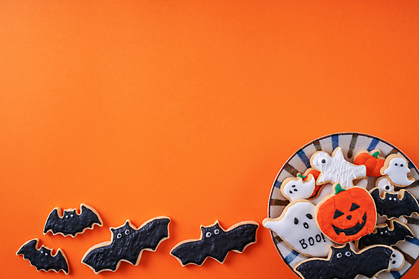 포토 JPG 해외이미지 접시 디저트 사람없음 하이앵글 쿠키 할로윈 달콤 유령 박쥐 카피스페이스 주황색배경 해외포토 식기 음식 뷰포인트 백그라운드 포유류 주황색 공백 맛 파일형식 이미지허브