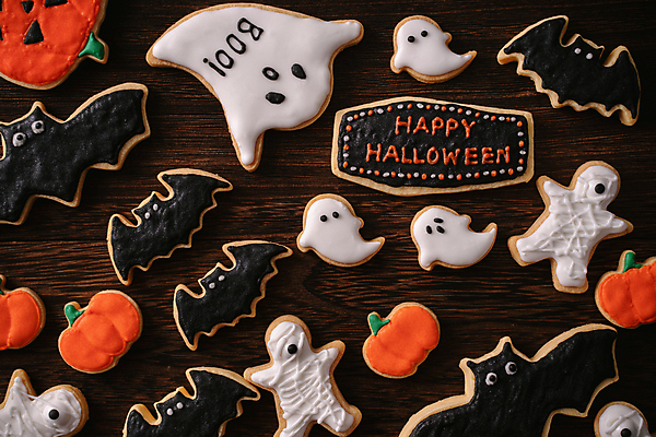 포토 JPG 해외이미지 디저트 요리 사람없음 하이앵글 쿠키 할로윈 달콤 유령 박쥐 나무탁자 미라 잭오랜턴 해외포토 음식 뷰포인트 포유류 탁자 맛 파일형식 이미지허브