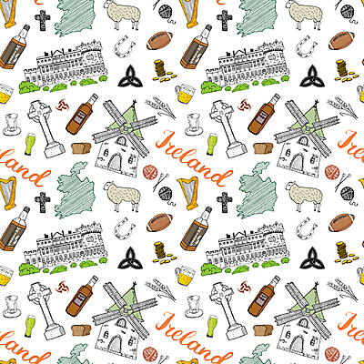 JPG 해외이미지 전통 디자인 유럽 여행 백그라운드 십자가 지도 패턴 일러스트 맥주 사람없음 세트 풍차 양 행운 털실 클로버 토끼풀 비석 럭비공 하프 아일랜드 더블린 방앗간 동전탑 아일랜드국기 위스키 편자 풍차집 해외일러스트 식물 나라 컨셉 무늬 공 포유류 현악기 주류 쌓기 동전 실 국기 럭비용품 말발굽 파일형식 이미지허브