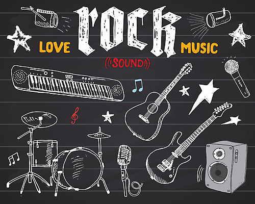 JPG 해외이미지 일러스트 조명 타이포그라피 사람없음 낙서 통기타 마이크 그림 드럼 락 앰프 베이스기타 해외일러스트 문자 음향기기 타악기 기타 로큰롤 파일형식 이미지허브