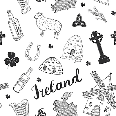 JPG 해외이미지 전통 디자인 유럽 여행 백그라운드 십자가 지도 패턴 일러스트 캘리그라피 사람없음 세트 양 행운 클로버 토끼풀 비석 하프 아일랜드 더블린 방앗간 위스키 편자 해외일러스트 식물 나라 컨셉 무늬 포유류 현악기 주류 말발굽 파일형식 이미지허브