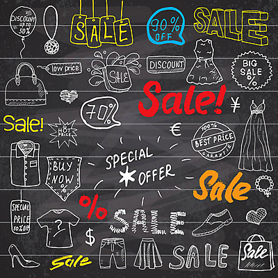 JPG 해외이미지 원피스 구두 말풍선 셔츠 티셔츠 가방 일러스트 목걸이 바지 타이포그라피 사람없음 치마 쇼핑백 꼬리표 세일 낙서 풍선 해외일러스트 문자 잡화 옷 신발 상의 장신구 하의 라벨 파일형식 이미지허브