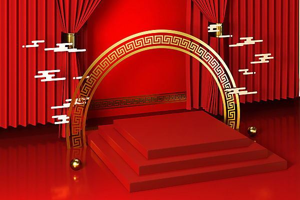포토 JPG 해외이미지 백그라운드 사람없음 빨간색 3D 공간 커튼 원형 아치 정사각형 중국전통 단상 입체도형 포디움 스타일 해외포토 도형 전통 컬러 중국 무대 입체 디지털합성 파일형식 이미지허브