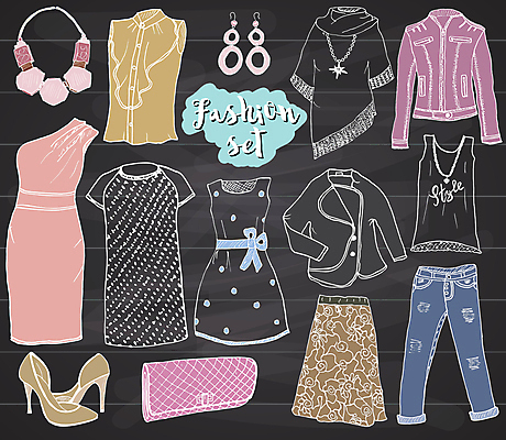 JPG 해외이미지 원피스 구두 일러스트 목걸이 타이포그라피 사람없음 치마 민소매 뷰티 귀걸이 재킷 핸드백 청바지 낙서 그림 블라우스 해외일러스트 문자 옷 신발 상의 가방 장신구 바지 하의 외투 파일형식 이미지허브