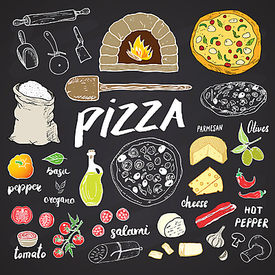 JPG 해외이미지 토마토 일러스트 치즈 피자 마늘 타이포그라피 사람없음 낙서 메뉴 그림 올리브 밀가루 베이컨 후추 바질 반죽밀대 살라미 오레가노 페퍼로니 피자주걱 화덕 해외일러스트 문자 열매 채소 유제품 패스트푸드 서양음식 돼지고기 소시지 가루 향신료 주걱 밀대 화로 파일형식 이미지허브