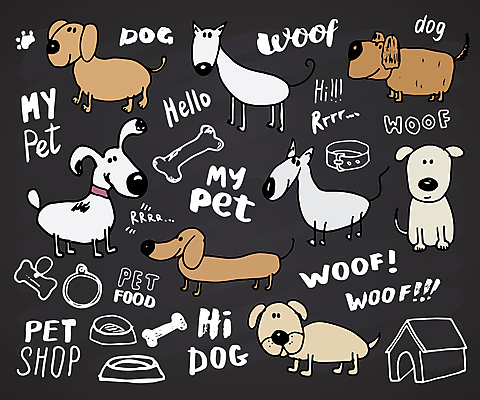 JPG 해외이미지 여러마리 일러스트 타이포그라피 사람없음 갈색 강아지 낙서 그림 개집 목줄 개밥그릇 개뼈다귀 해외일러스트 문자 그릇 컬러 다수 반려동물 개 애견용품 애견간식 파일형식 반려용품 이미지허브