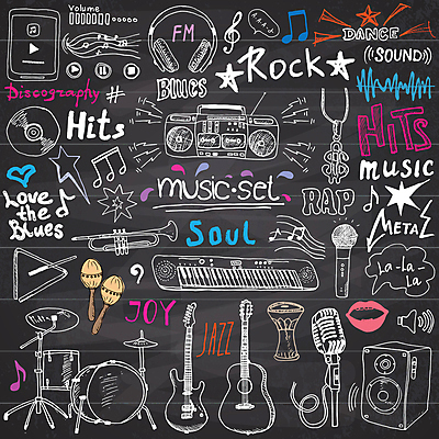 JPG 해외이미지 음악 일러스트 목걸이 타이포그라피 사람없음 헤드폰 스피커 CD 기타 낙서 북 마이크 그림 드럼 마라카스 베이스 해외일러스트 문자 음향기기 장신구 현악기 문화예술 타악기 파일형식 이미지허브