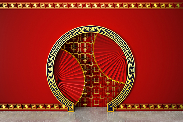 포토 JPG 해외이미지 벽 백그라운드 사람없음 빨간색 전통문양 3D 공간 원형 중국전통 스타일 해외포토 도형 전통 문양 컬러 중국 디지털합성 파일형식 이미지허브