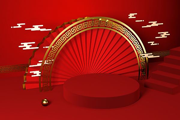 포토 JPG 해외이미지 백그라운드 사람없음 빨간색 3D 계단 공간 원형 아치 중국전통 단상 부채모양 입체도형 포디움 스타일 해외포토 모양 도형 전통 컬러 중국 무대 입체 디지털합성 파일형식 이미지허브